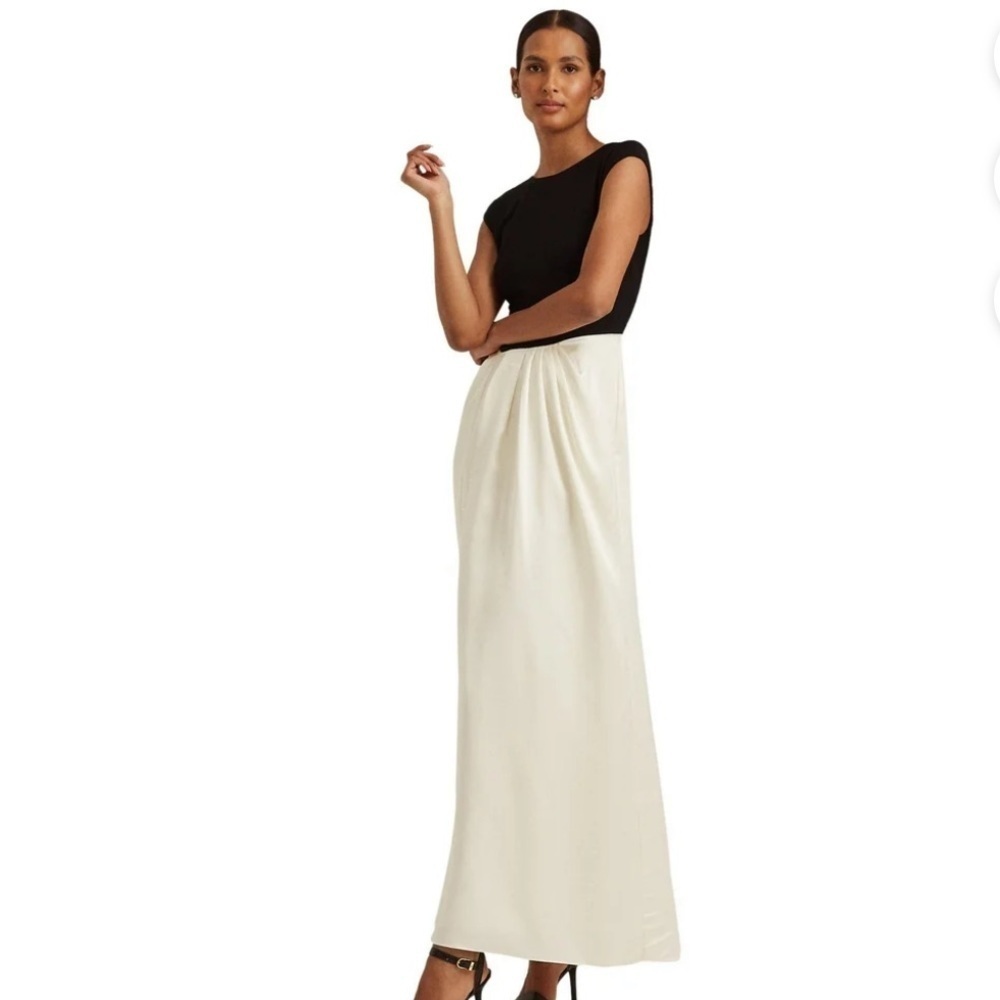 RALPH LAUREN Black Zippered Pleated High Slit Lined Darted Neck Gown Dress 10